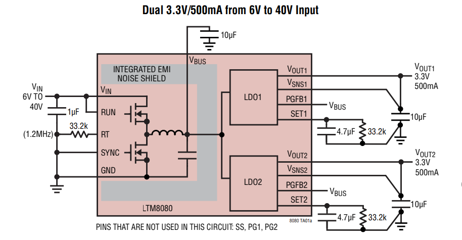 アプリケーション回路図 - Analog Devices Inc. LTM8080 μModuleレギュレータ