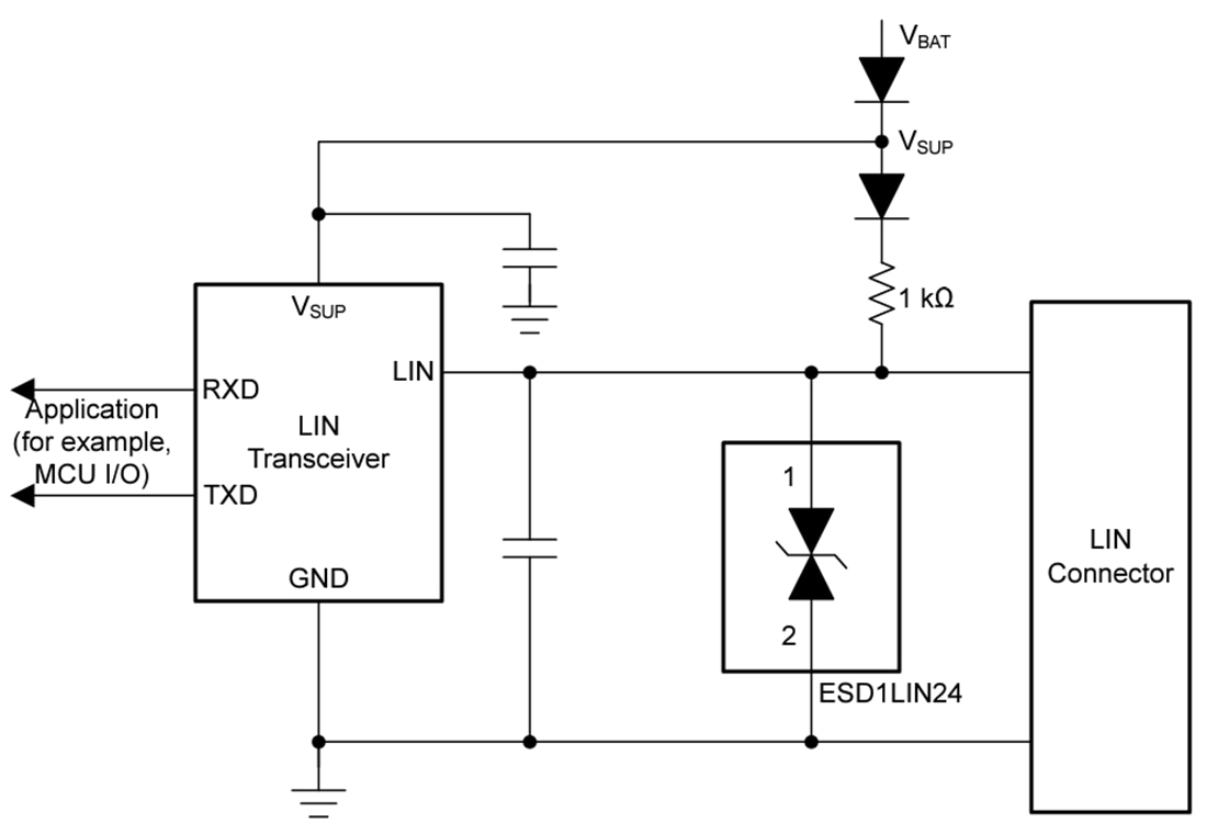 アプリケーション回路図 - Texas Instruments ESD1LIN24/ESD1LIN24-Q1 ESD保護ダイオード