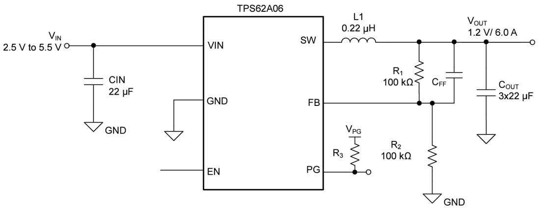 アプリケーション回路図 - Texas Instruments TPS62A06ステップダウン降圧DC/DCコンバータ