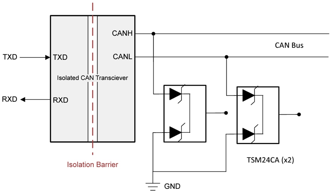 アプリケーション回路図 - Texas Instruments TSM24CA/TSM24CA-Q124V双方向 TVS ダイオード