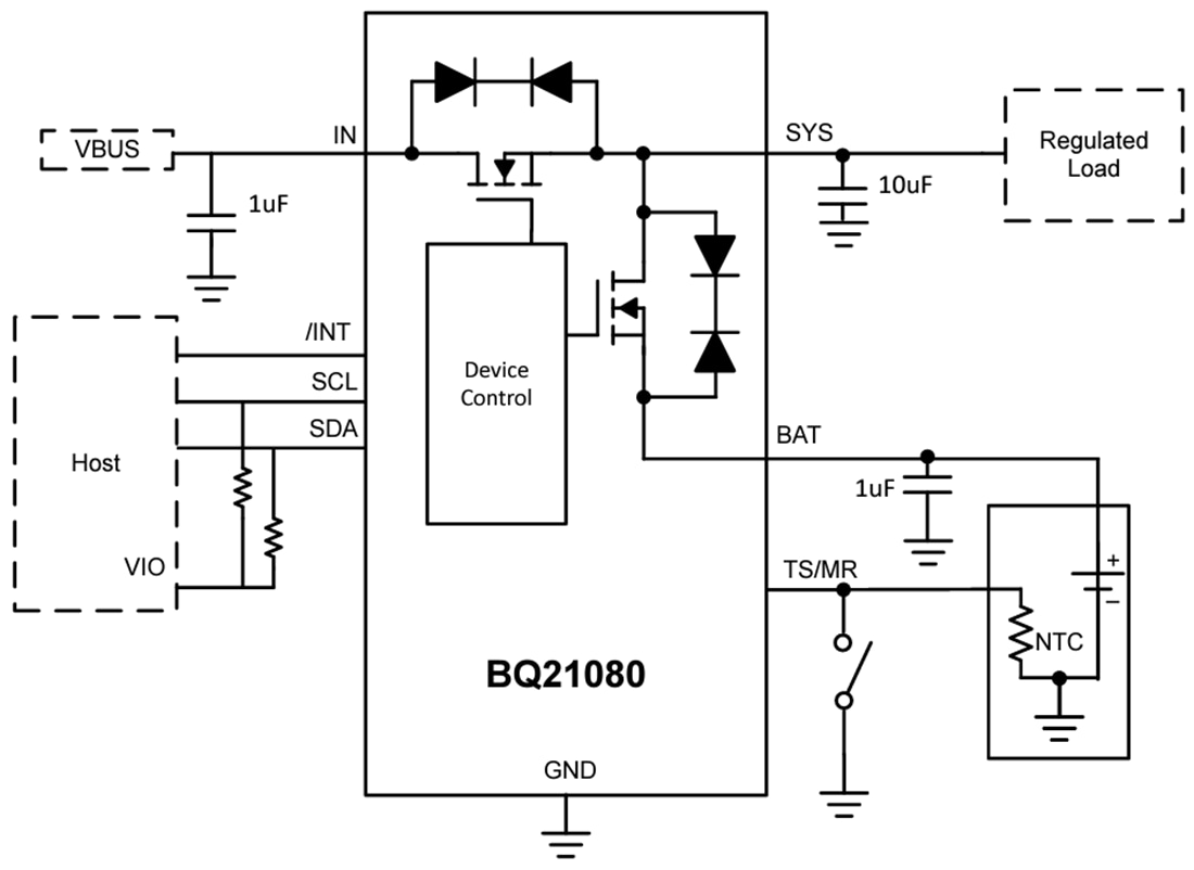回路図 - Texas Instruments bq21080リニアバッテリ充電器IC