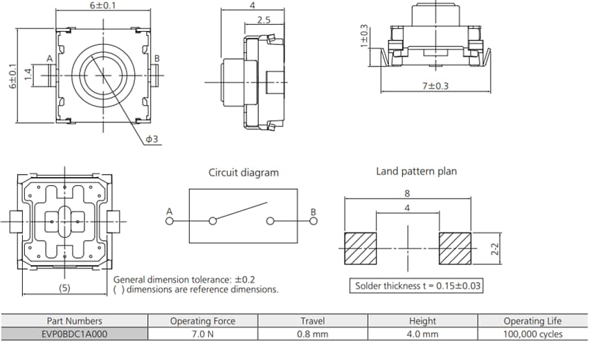 Panasonic Electronic Components EVP-0B 6mm 7Nスクエアタクタイルスイッチ