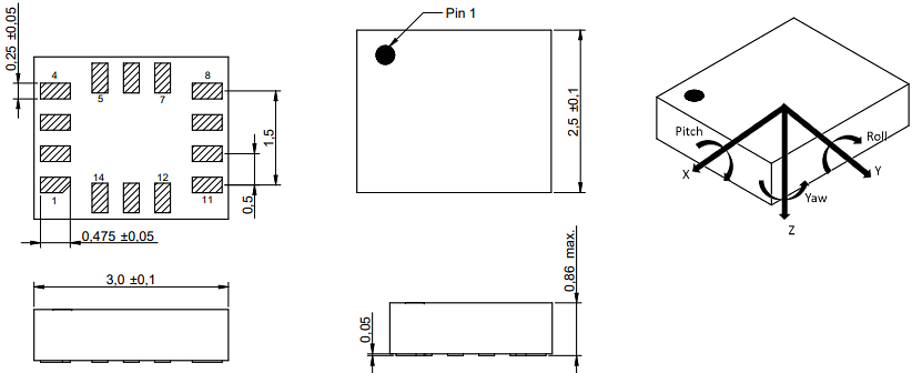 機械図面 - Würth Elektronik WSEN-ISDS 6軸慣性測定ユニット（IMU）