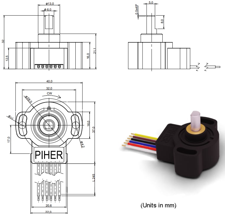 機械図面 - Amphenol Piher PSCMマルチターン回転センサ