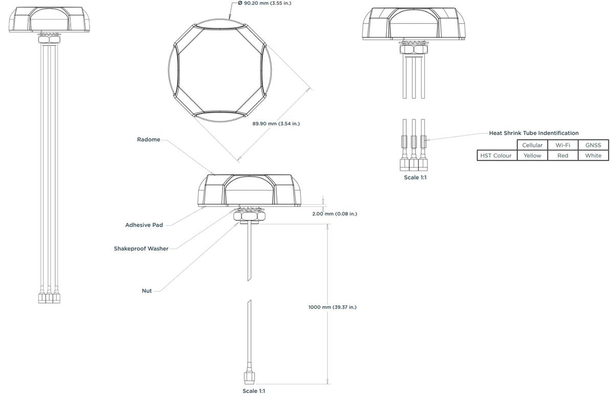 機械図面 - TE Connectivity VersAnteL000321-01セルラーパックアンテナ