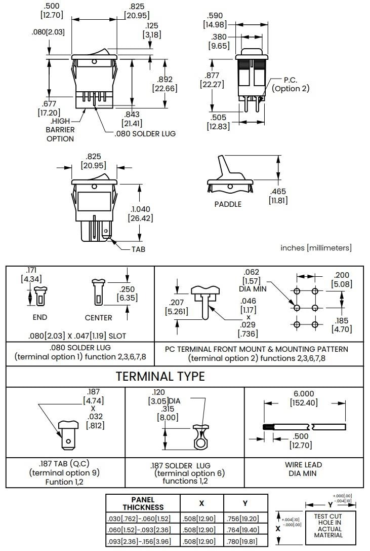 機械図面 - Carling Technologies 611/621-Series ロッカースイッチ