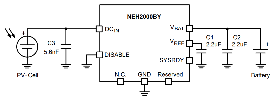 アプリケーション回路図 - Nexperia NEH2000BYJ環境発電PMIC