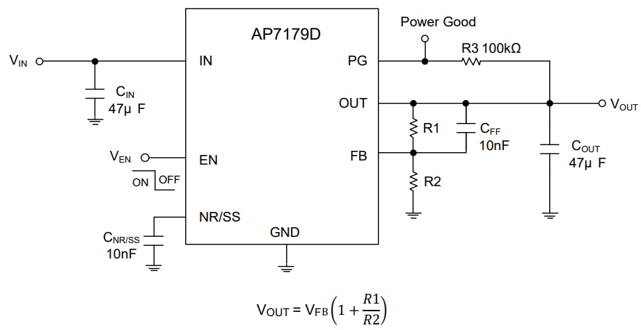 アプリケーション回路図 - Diodes Incorporated AP7179D LDO電圧レギュレータ