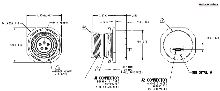 機械図面 - Amphenol Aerospace 丸型MIL光トランシーバモジュール