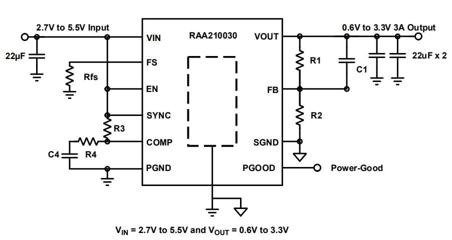 アプリケーション回路図 - Renesas Electronics RAA210030降圧DC/DC Mini電源モジュール