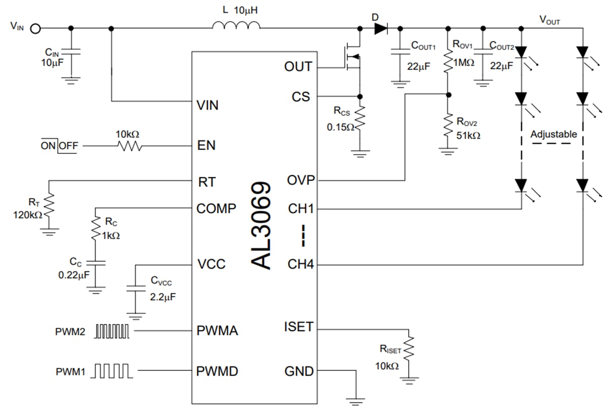 アプリケーション回路図 - Diodes Incorporated AL3069 4チャンネルブーストコントローラ