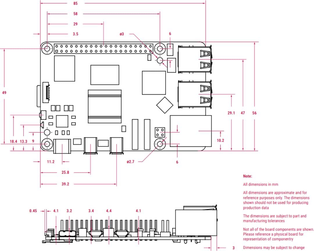 機械図面 - Raspberry Pi 5 シングルボードコンピュータ