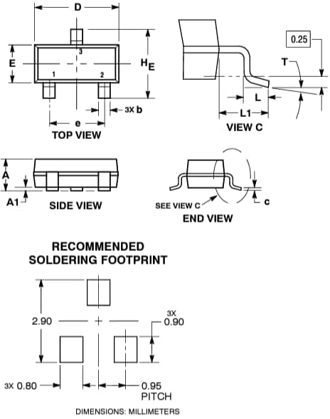 機械図面 - onsemi NSVD070AL 小信号スイッチング・ダイオード