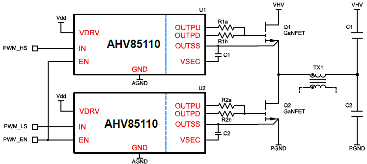 アプリケーション回路図 - Allegro MicroSystems AHV85110 絶縁型GaNFETゲートドライバ