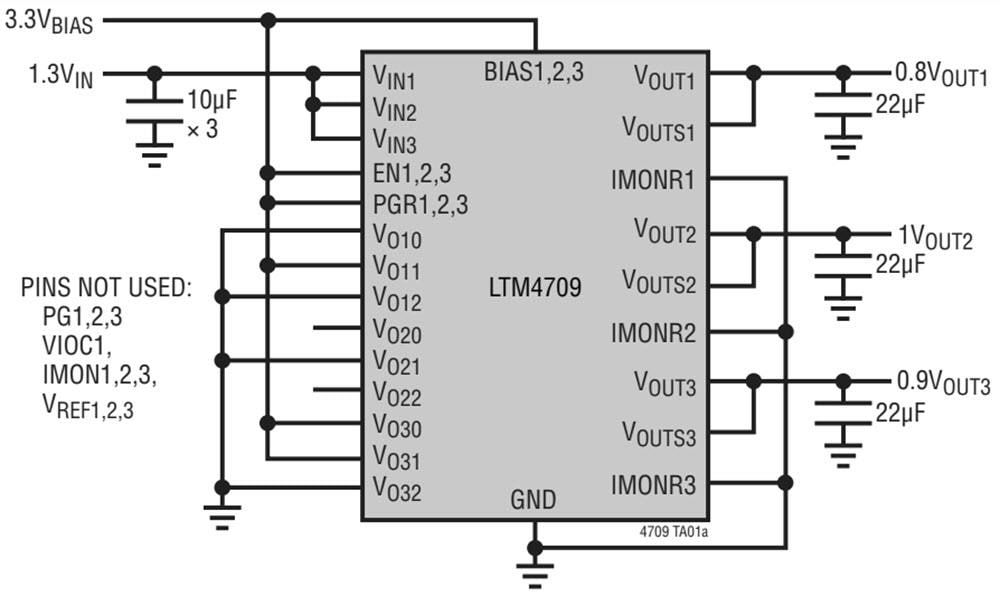 アプリケーション回路図 - Analog Devices Inc. LTM®4709 µモジュールリニアレギュレーター