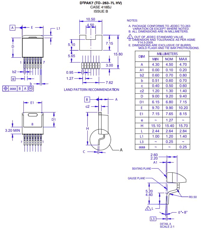 機械図面 - onsemi NVBG030N120M3Sシリコンカーバイド(SiC) MOSFET