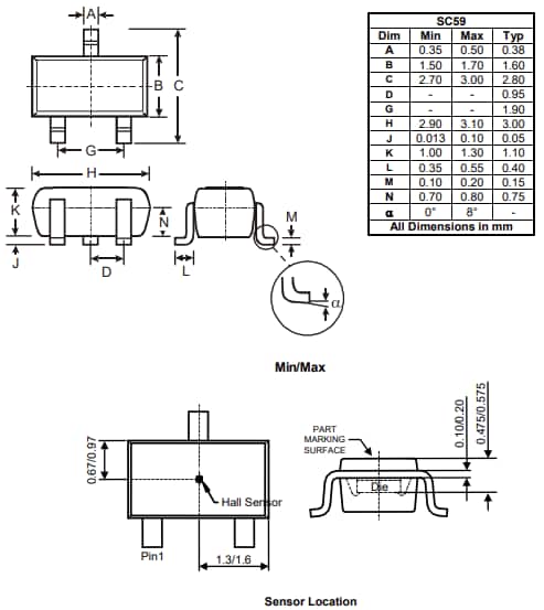 機械図面 - Diodes Incorporated AH49FQホール効果センサ