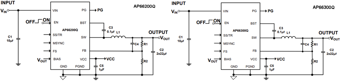 アプリケーション回路図 - Diodes Incorporated AP66200Q/300Q同期DC/DCバックコンバータ