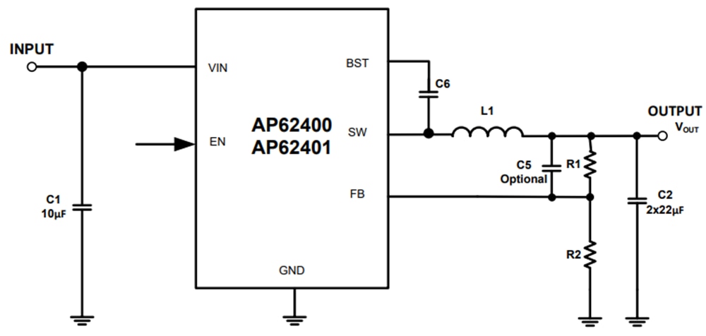 アプリケーション回路図 - Diodes Incorporated AP62400 & AP62401同期降圧コンバータ