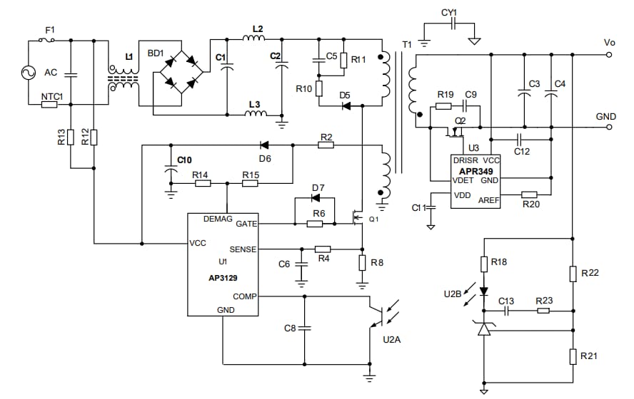 アプリケーション回路図 - Diodes Incorporated AP3129高性能マルチモードPWMコントローラ