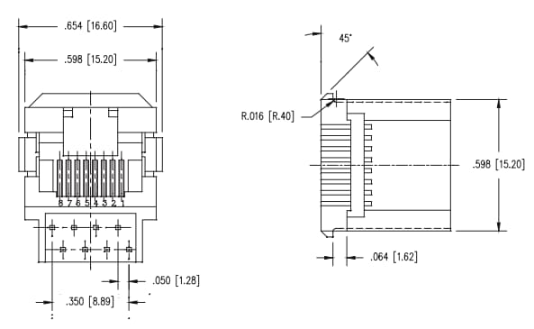 機械図面 - Stewart Connector / Cinch Connectivity Solutions RJモジュラ・ボトムエントリ垂直ジャック