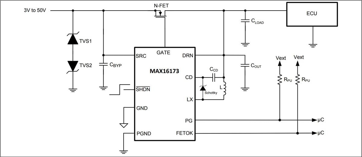 アプリケーション回路図 - Analog Devices / Maxim Integrated MAX16173最適ダイオードコントローラ