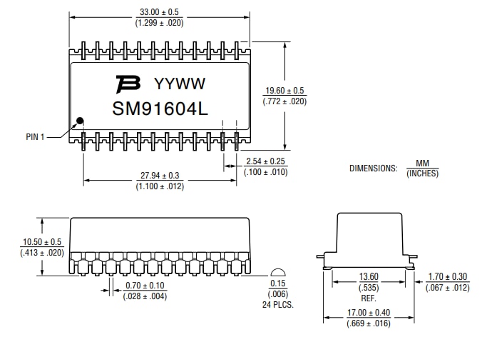 機械図面 - Bourns SM91604LギガビットイーサネットLANトランス