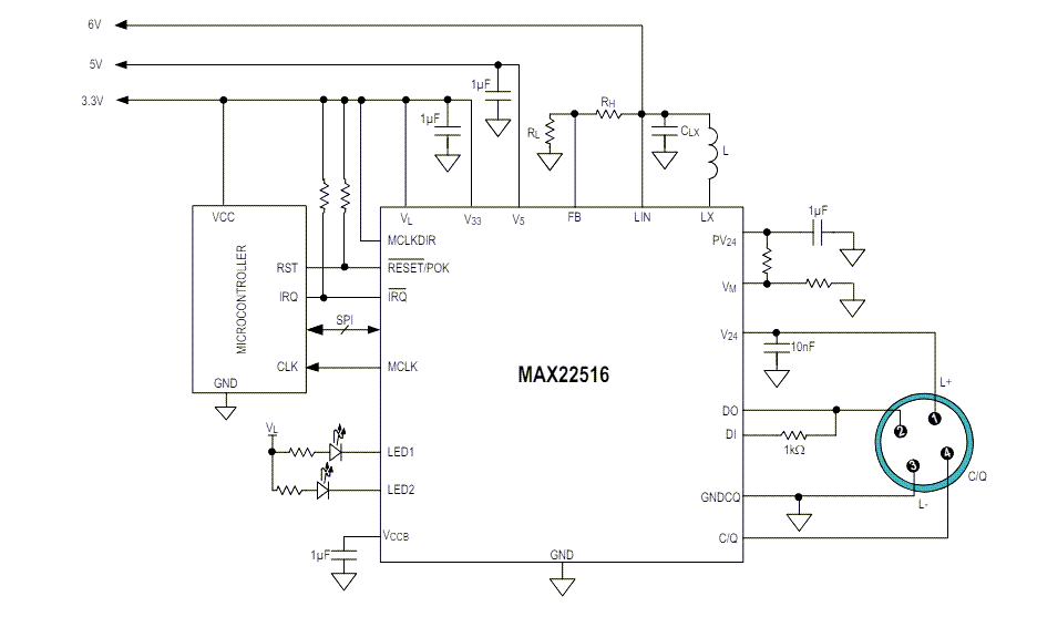 アプリケーション回路図 - Analog Devices Inc. MAX22516 IO-Linkデータリンク・コントローラ