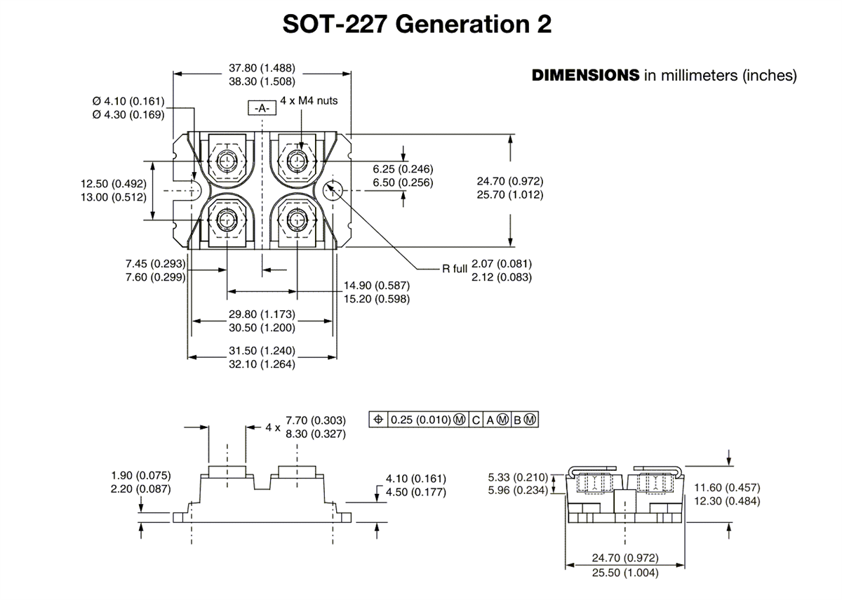機械図面 - Vishay Semiconductors VS-SC SOT-227 SiCショットキーバリアダイオード