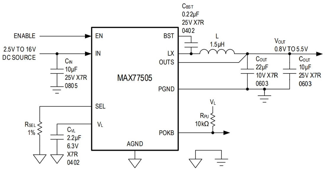 アプリケーション回路図 - Analog Devices Inc. MAX77505 16A 低IQ降圧コンバータ