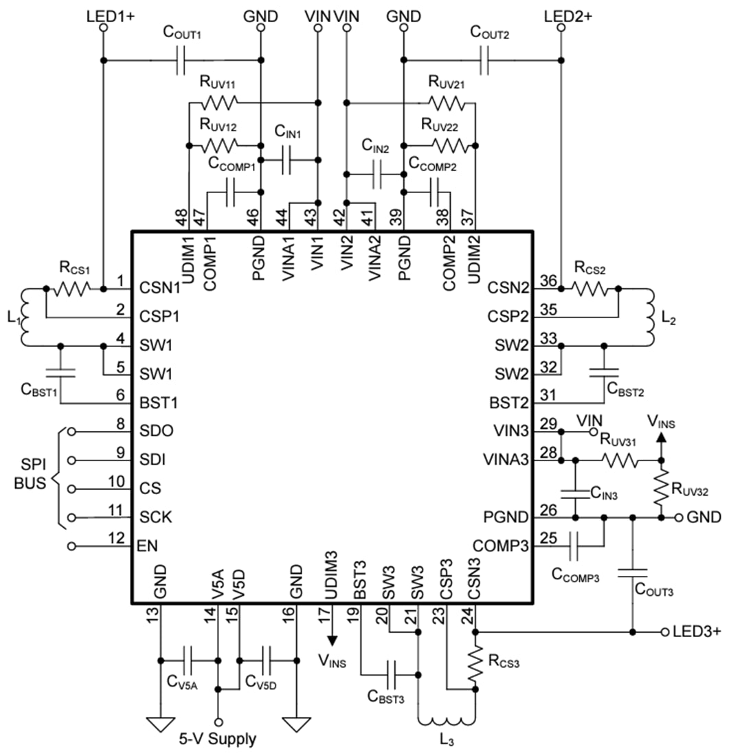 回路図 - Texas Instruments TPS92530-Q1 3チャネル同期降圧LEDドライバ