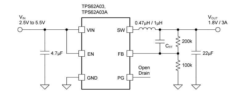 アプリケーション回路図 - Texas Instruments TPS62A03x 降圧コンバータ
