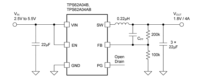 アプリケーション回路図 - Texas Instruments TPS62A04xB降圧コンバータ