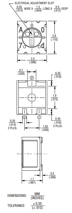機械図面 - Bourns 3312 Trimpot®トリミングポテンショメータ