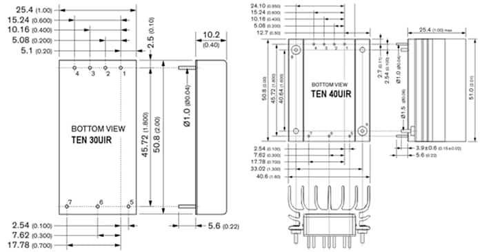 機械図面 - TRACO Power TEN 30UIR/40UIR DC/DC鉄道コンバータ