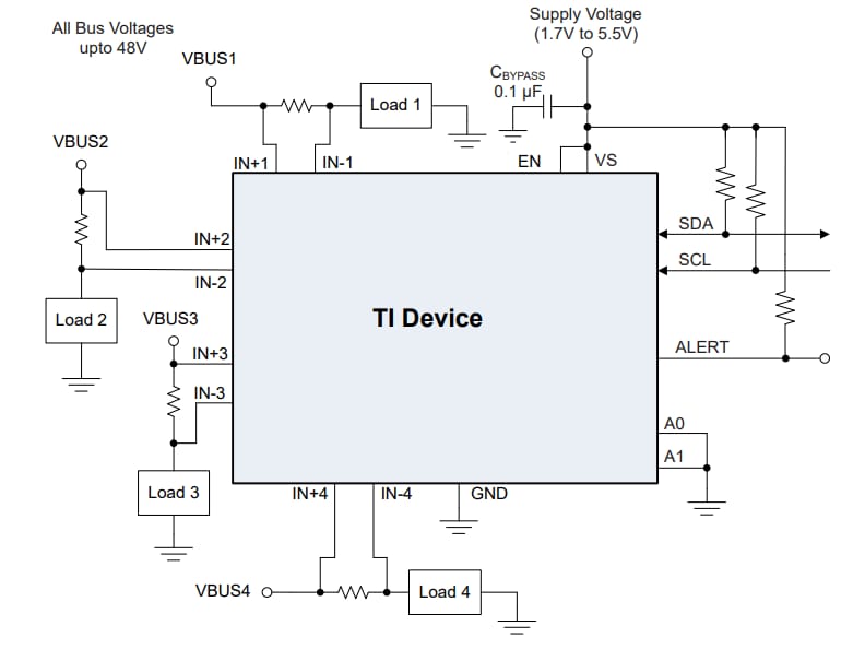 アプリケーション回路図 - Texas Instruments INA4235 16ビット・デジタル電流モニタ