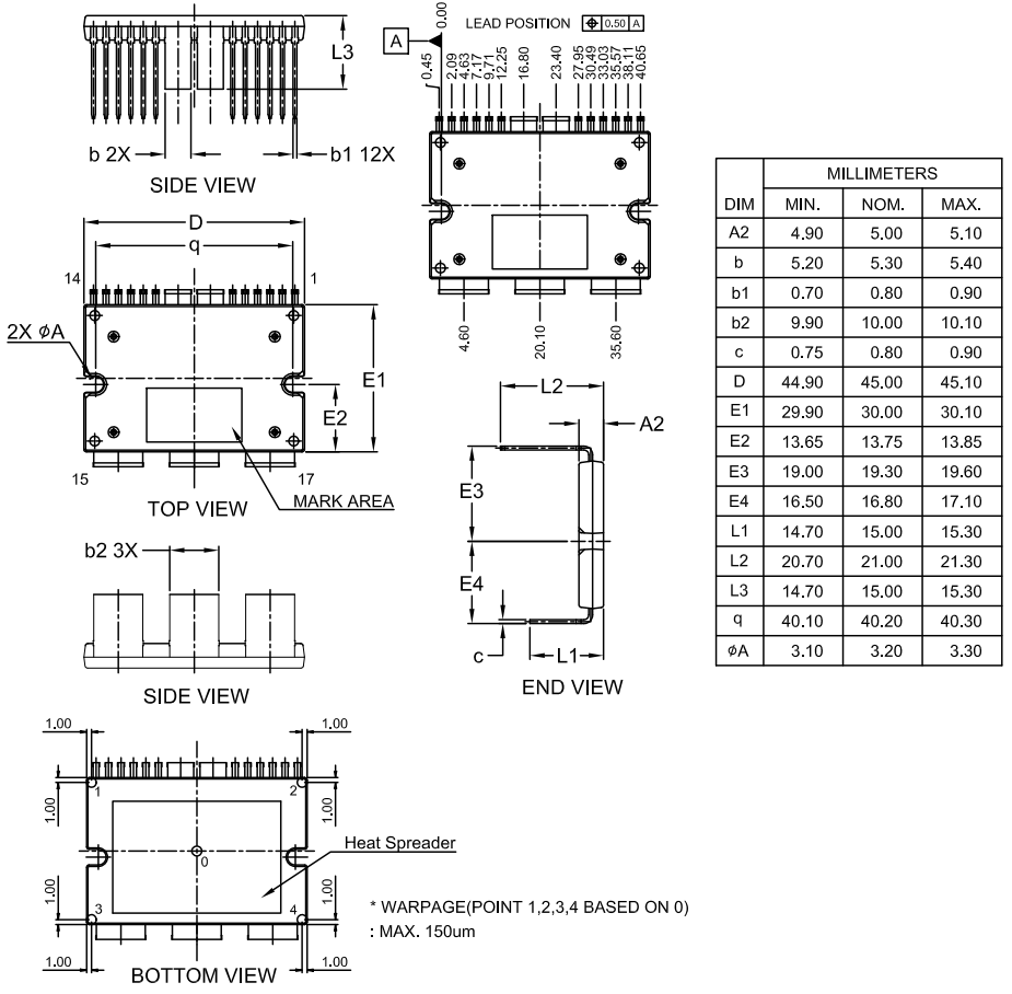 機械図面 - onsemi NXV08H350XT1 MOSFETモジュール