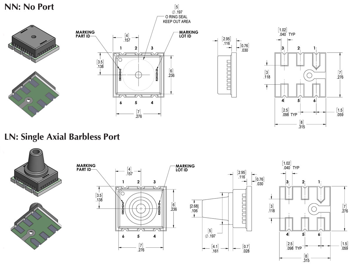 機械図面 - Amphenol All Sensors AABP圧力センサ