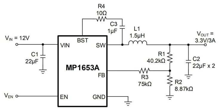 Application Circuit Diagram - Monolithic Power Systems (MPS) MP1653A Synchronous Step-Down Converters