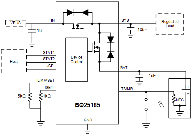 アプリケーション回路図 - Texas Instruments BQ25185 リニアバッテリチャージャIC
