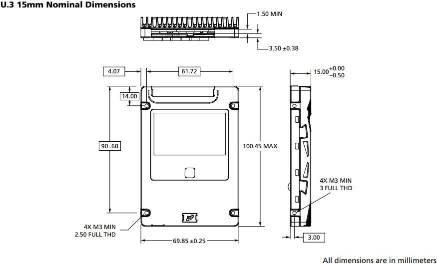 機械図面 - Micron XTR NVMe™ SSD