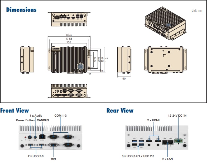 機械図面 - Advantech 事前構成済EI-53エッジ・インテリジェント・システム