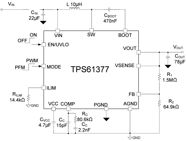 アプリケーション回路図 - Texas Instruments TPS61377同期昇圧コンバータ