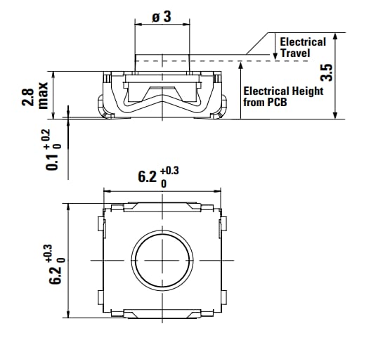 機械図面 - C&K Switches KSC (電気高さタクタイルスイッチ搭載）