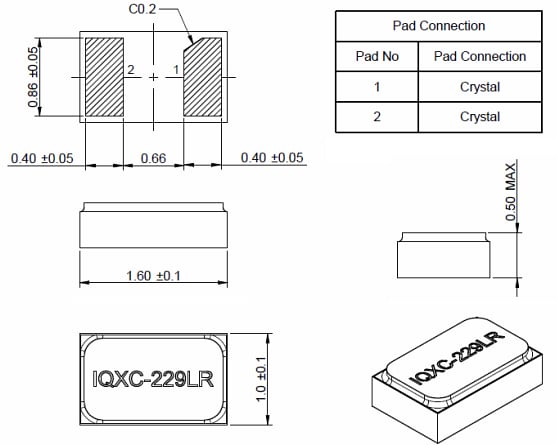 Mechanical Drawing - IQD IQXC-229LR Quartz Crystal