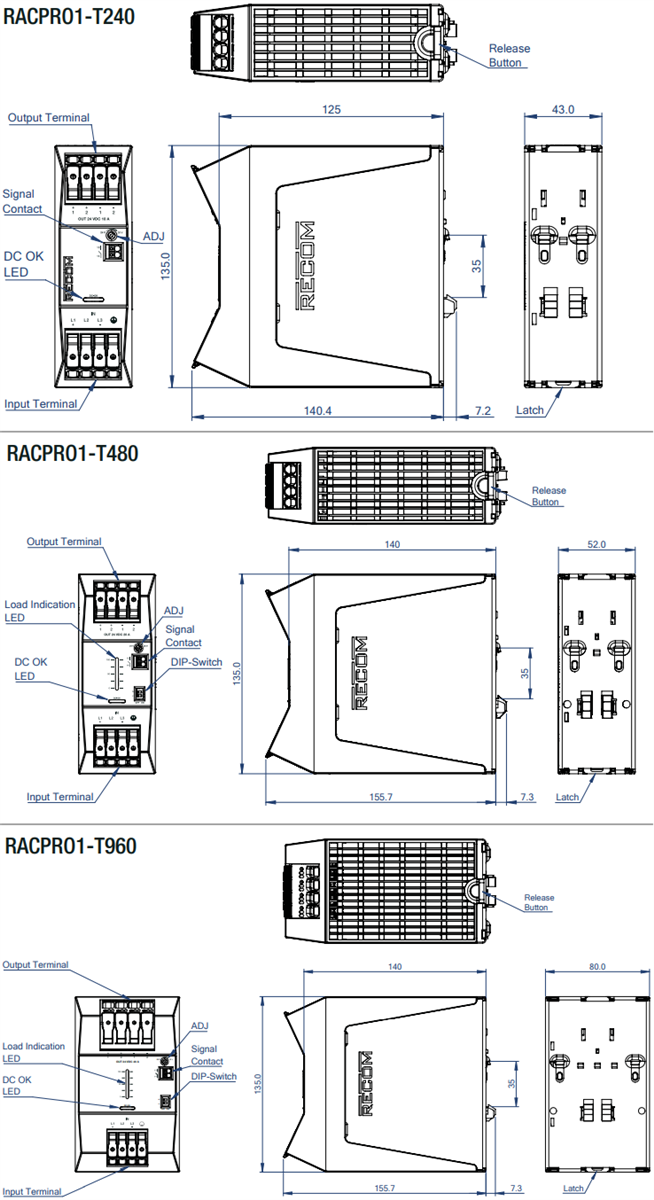 機械図面 - RECOM Power RACPRO1 DINレール電源
