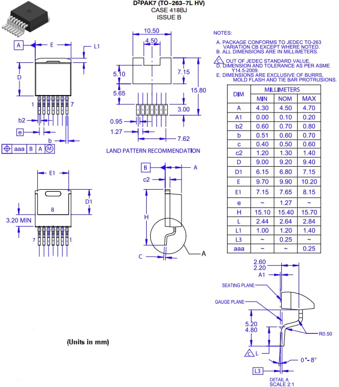 機械図面 - onsemi NTBG023N065M3S 23mΩ EliteSiC MOSFET