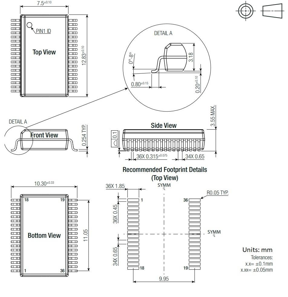 機械図面 - RECOM Power R12C2T25/R 2.5W絶縁DC/DCコンバータ