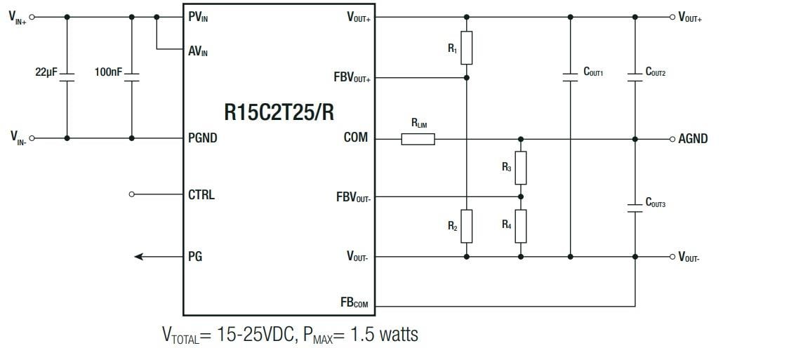 アプリケーション回路図 - RECOM Power R12C2T25/R 2.5W絶縁DC/DCコンバータ