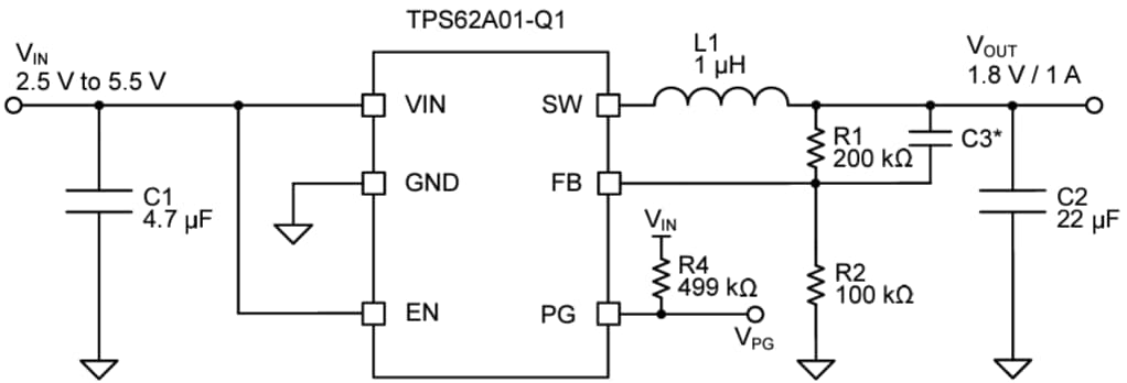 アプリケーション回路図 - Texas Instruments TPS62A01-Q1同期降圧降圧コンバータ